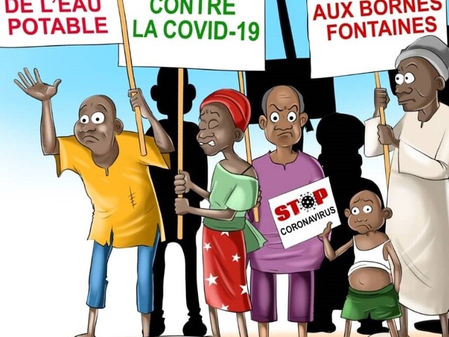 Cartoon of Burkinabè asking their president for water during the pandemic (cartoon by André Jules Nikiema)