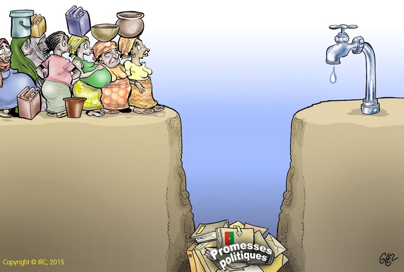 Cartoon portraying political promises around water in Burkina Faso