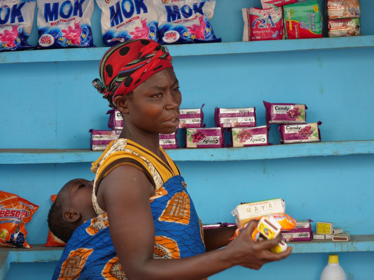 Akosua Nyamekye in her kiosk at Kenyasi No 2
