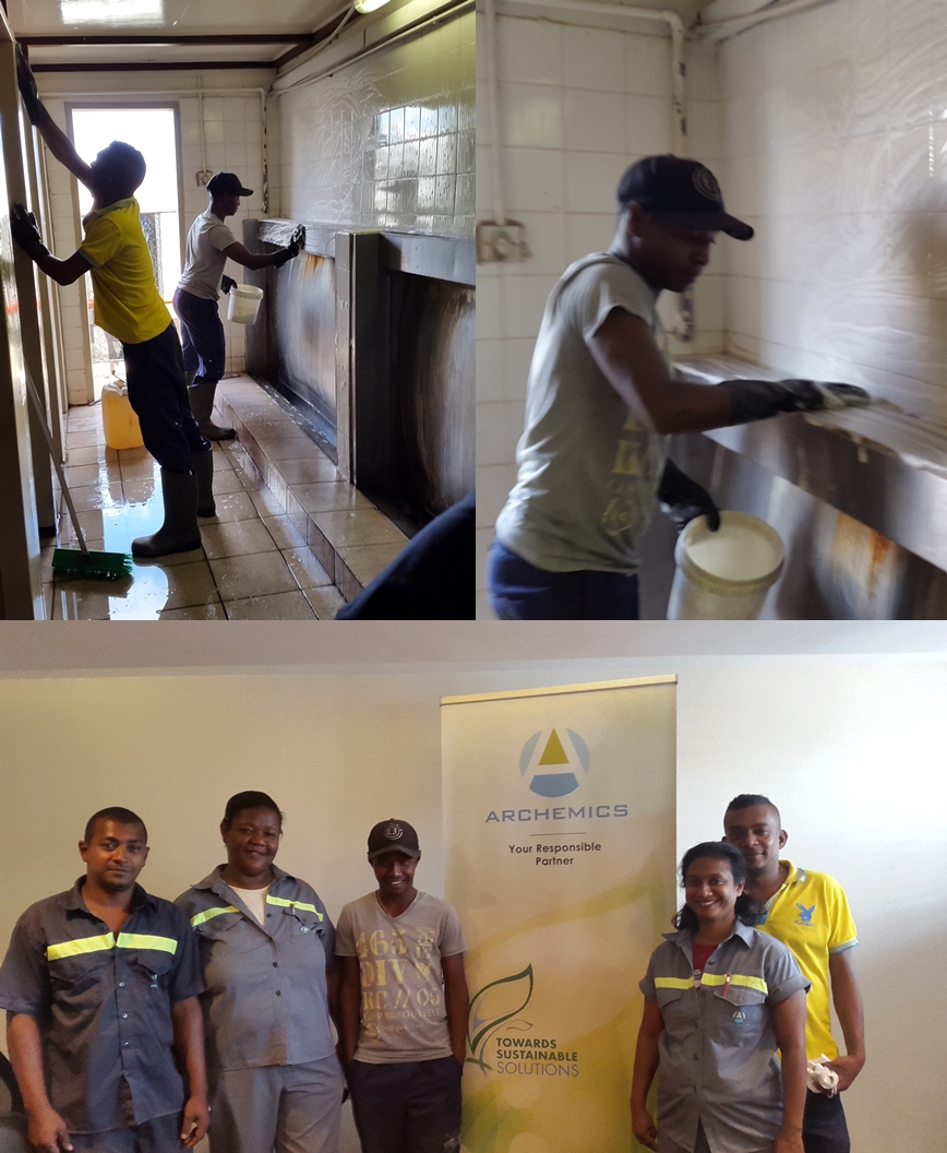 Volunteers deep cleaning workers toilets on 5S Day. Photo: Nidhi Ramlogun / Archemics Volunteers deep cleaning workers toilets on 5S Day. Photo: Nidhi Ramlogun / Archemics