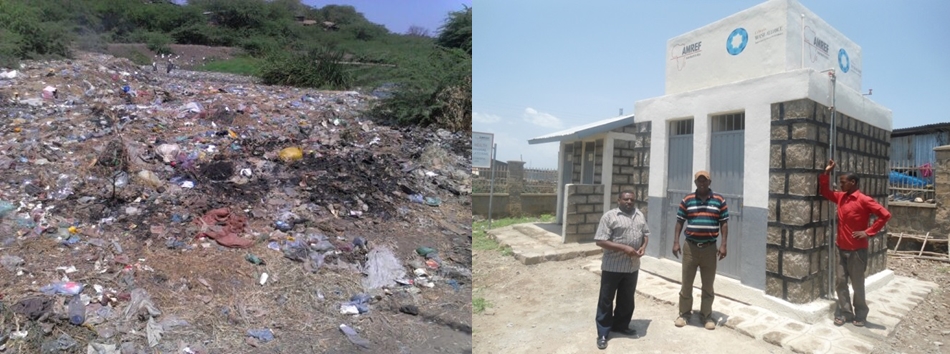 Pictured (left) Rubbish in Awash bus station before construction of community showers and toilets and (right) Communal showers ready for handover in 2012. Copyright: Amref Health Africa in Ethiopia Rubbish in Awash bus station before construction of community showers and toilets and communal showers ready for handover in 2012. Copyright: Amref Health Africa in Ethiopia