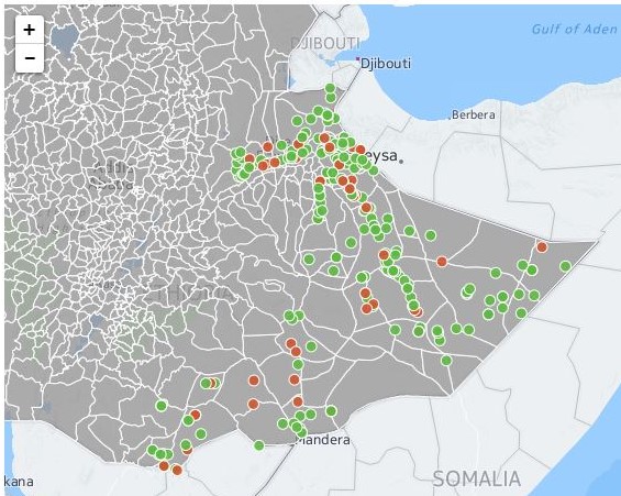 Somali Functionality Inventory, motorised boreholes, 2017 (green = functional; red = non-functional; map by Akvo) Somali 2017