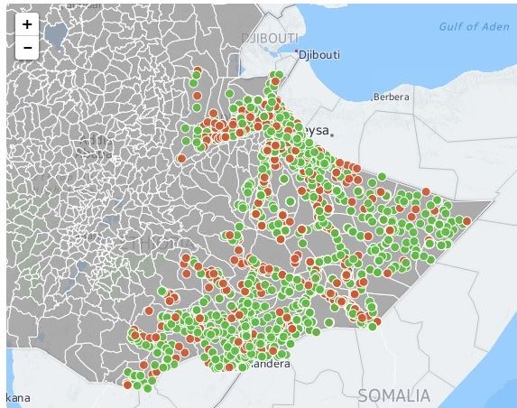 Somali National WASH Inventory 2014 (green = functional; red = non-functional; map by Akvo) Somali NWI 2014