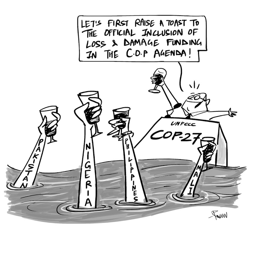 Cartoon: Let's first raise a toast to the official inclusion of Loss & Damage funding in the C.O.P Agenda!