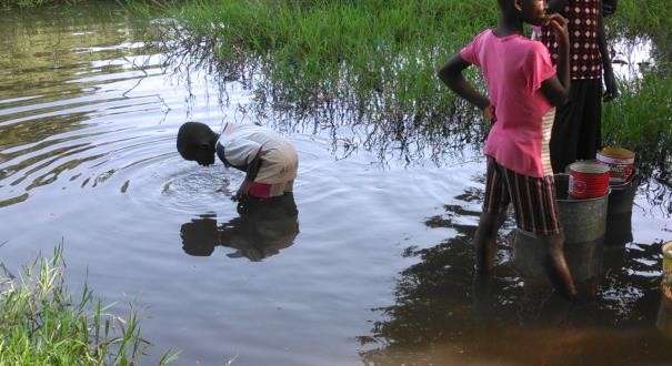 Less than 200m from an infrequently used tubewell, this stream served as the preferred water source for children collecting drinking water for the household in one of the study villages in Northern Ghana (Photo by André Koné) Less than 200m from an infrequently used tubewell, this stream served as the preferred water source for children collecting drinking water for the household in one of the study villages in Northern Ghana (Photo by André Koné)