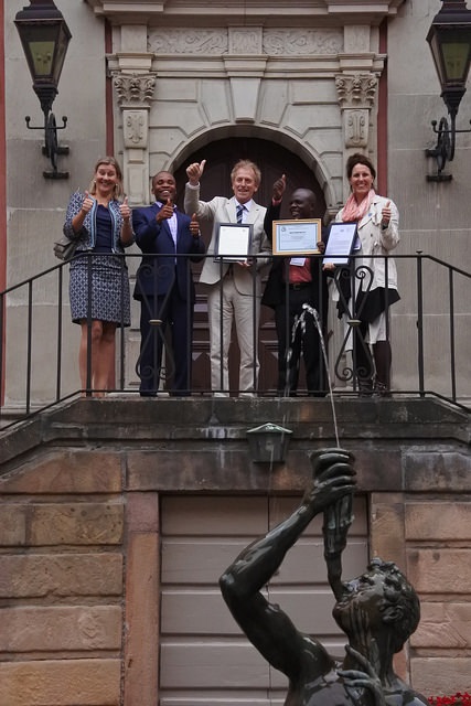 (left to right) Ines Coppoolse; William Gyude Moore; Dick van Ginhoven; George Yarngo, Assistant Minister, Liberia; Kelly Ann Naylor. Dutch Embassy in Stockholm, 30 August 2016. Photos by Vera van der Grift