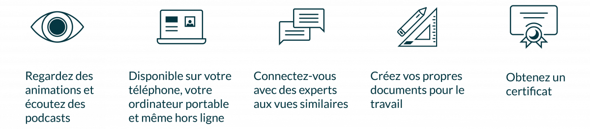 Regardez des animations et écoutez des podcasts; Disponible sur votre téléphone, votre ordinateur portable et même hors ligne. Connectez-vous avec des experts aux vues similaires. Créez vos propres travaux ou ateliers sur les documents.; Obtenez un certificat