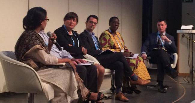 Vedika Bhandarkar (Water.org India), Ana Gren (SIDA), Jeff Goldberg (USAID), Jane Nabunnya Mulumba (IRC Uganda), and moderator Darren Saywell (AECOM) Vedika Bhandarkar (Water.org India), Ana Gren (SIDA), Jeff Goldberg (USAID), Jane Nabunnya Mulumba (IRC Uganda), and moderator Darren Saywell (AECOM)
