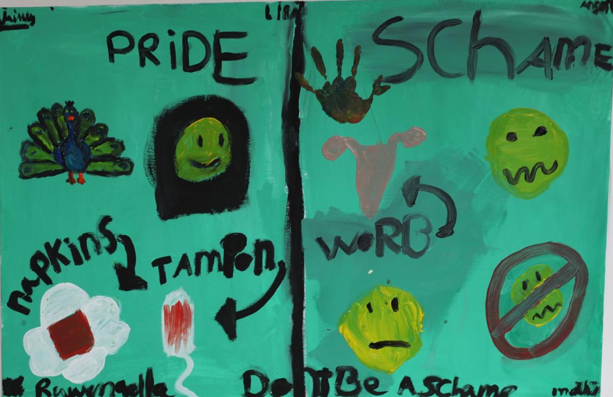 Painting by students of the Dr. M.M. den Hertogschool, The Hague, on the importance of menstrual hygiene management and school WASH. Photo: IRC Pride and Shame: Painting by students of the Dr. M.M. den Hertogschool, The Hague, on the importance of menstrual hygiene management and school WASH.