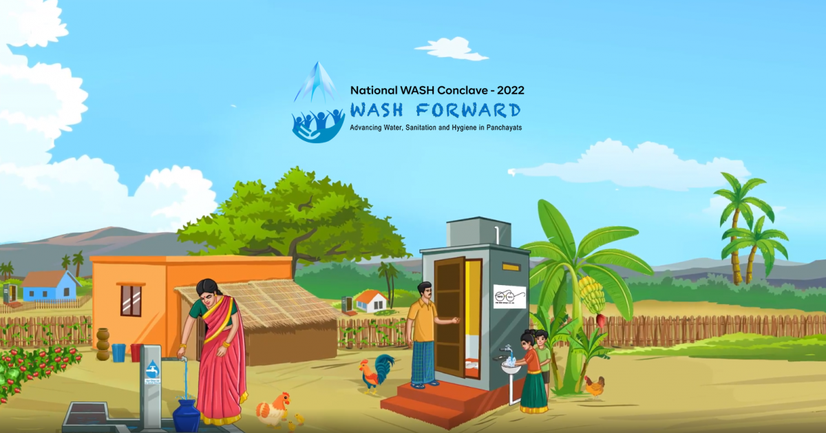 Indian family with mother at water pump, father at latrine & children at wash basin