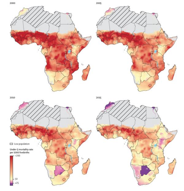 Mapping under-5 and neonatal mortality in Africa, 2000–15: a baseline analysis for the Sustainable Development Goals Map of Africa from 2000 to 2015, showing under-five mortality rates.