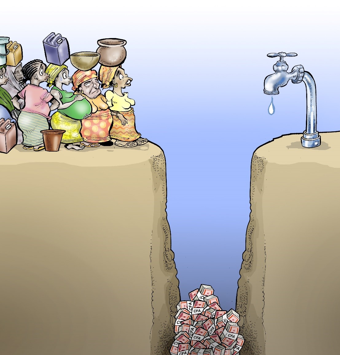 Des femmes vulnérables privées d’accès à l’eau par l’insuffisance des investissements et du recouvrement des coûts d’exploitation. Dessin : Damien Glez © IRC.