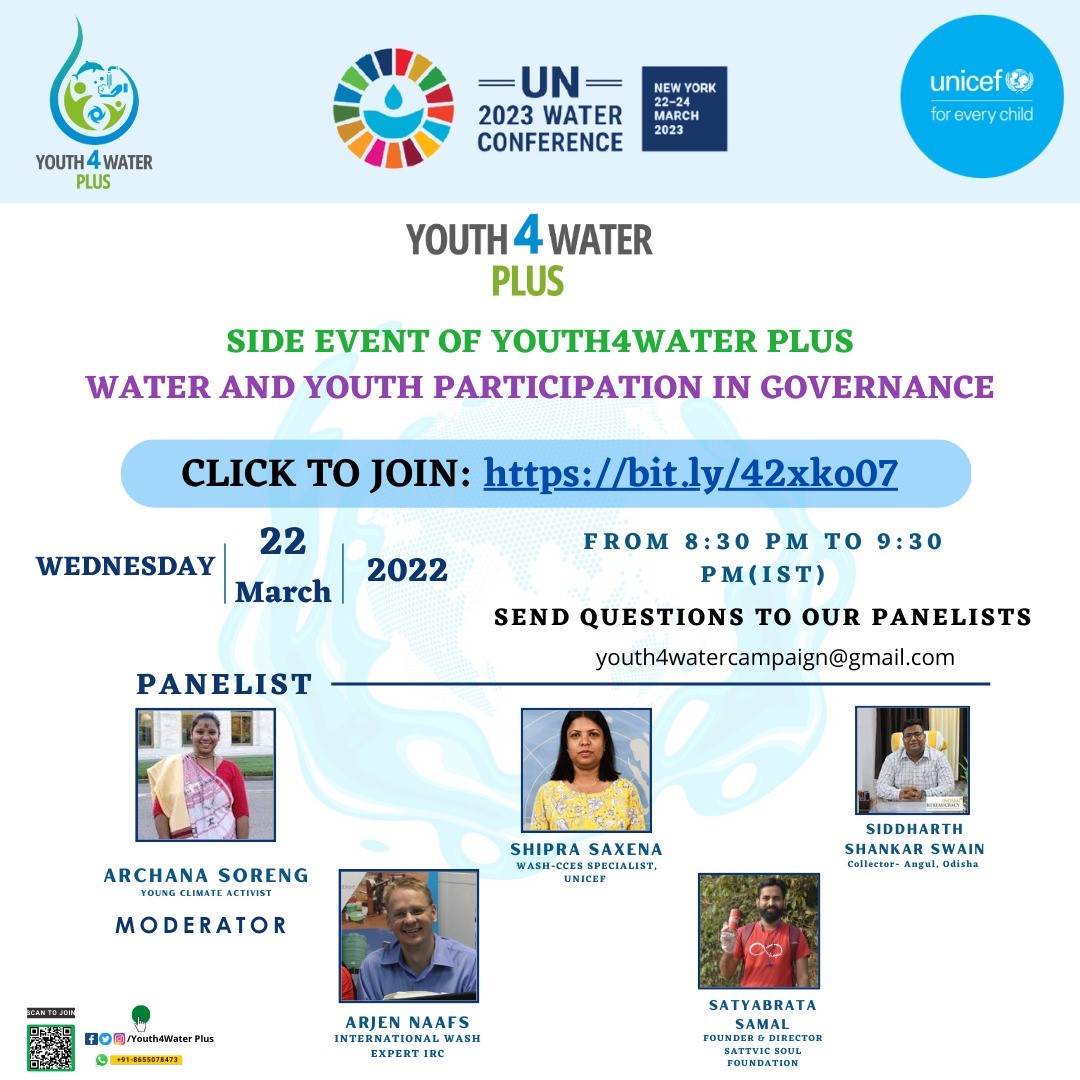 Poster of UNICEF & Youth4WaterPlus UN Water Conference virtual side event on Water and Youth Participation in Governance